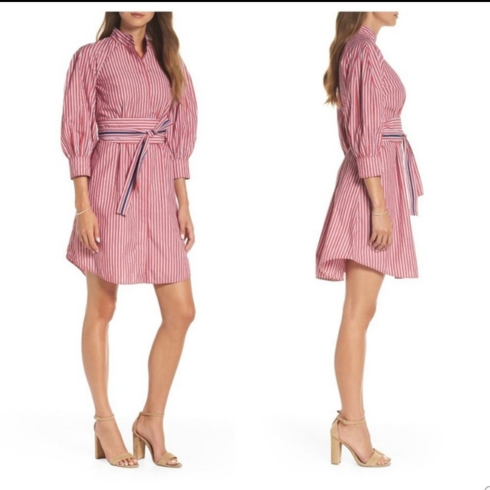 1901 Striped Tie Waist Poplin Shirt Dress Sz 6 Preppy Vacation